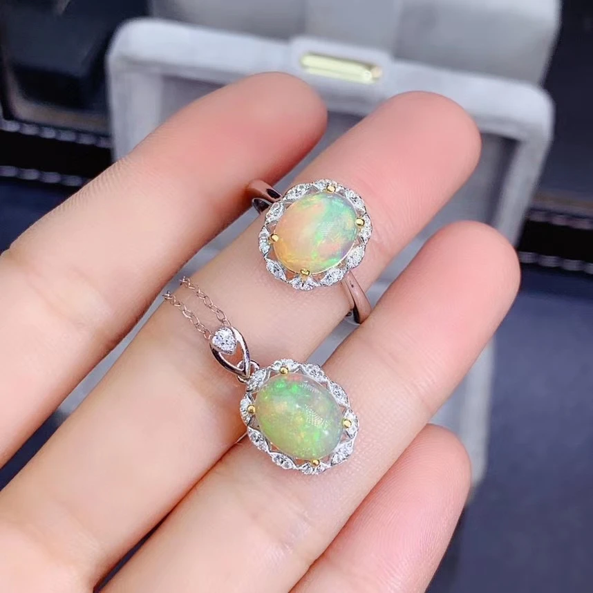

KJJEAXCMY Fine Jewelry 925 sterling silver inlaid natural opal girl's necklace pendant ring set girlfriend's party birthday gift