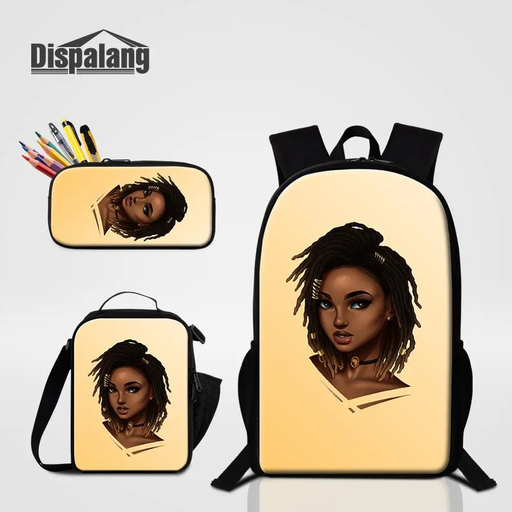 

African Girl Printing School Backpack With Lunch Bag Pencil Case For Students 3PCS/Set Schoolbag Women's Custom Travel Bookbag