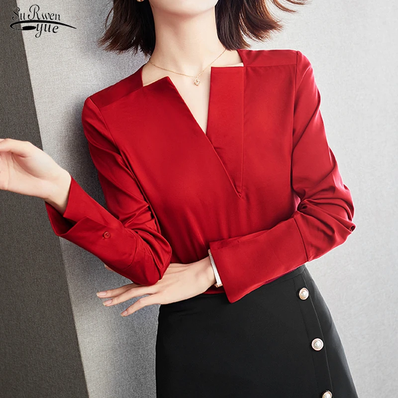 

Autumn Long Sleeve V-neck Elegant Women Blouse Red Superior Gentle Shirt Women High Quality All-match Simple Chiffon Shirt 16375