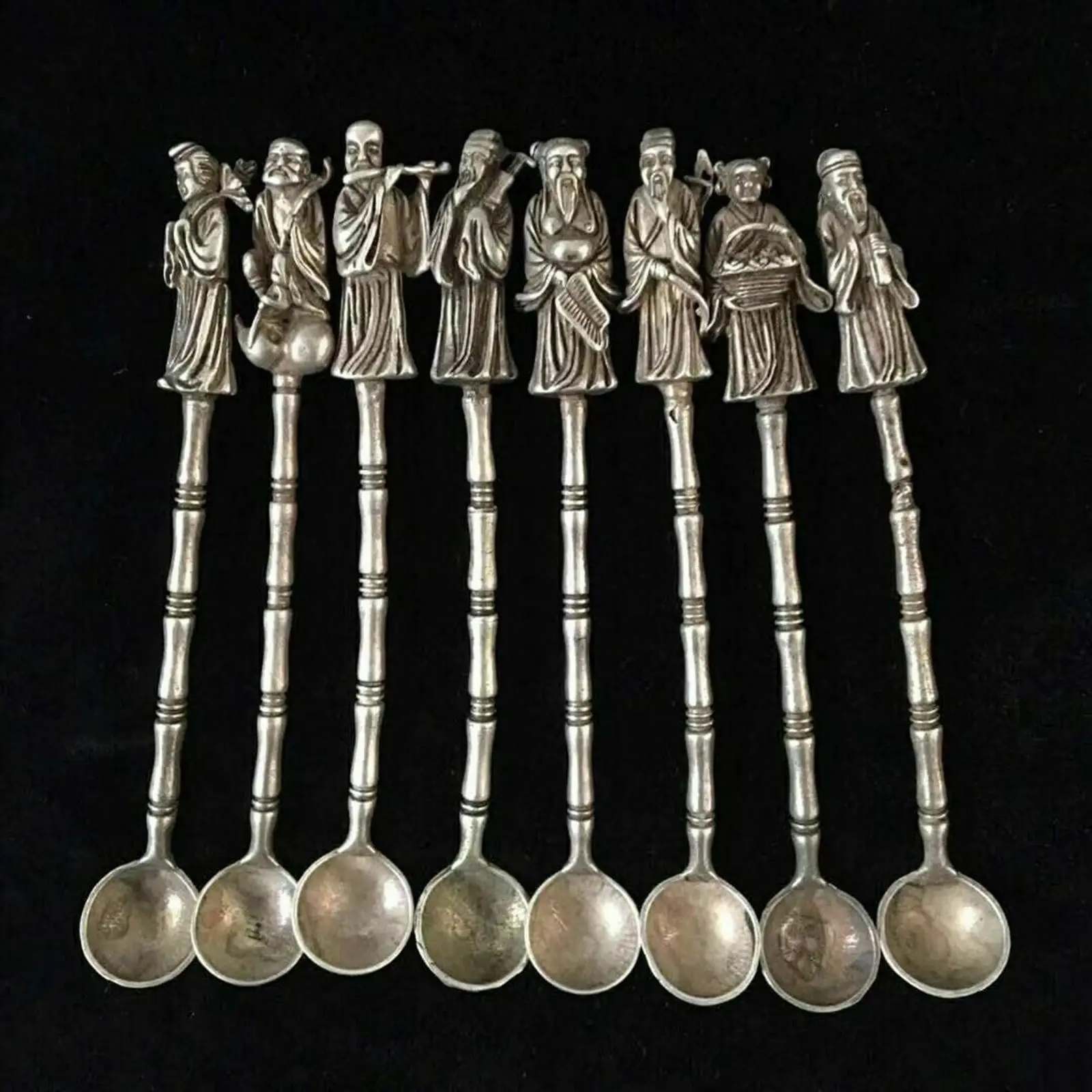 Full set Tibet silver Copper Handmade eight immortals Buddha Statue Spoon Ladle