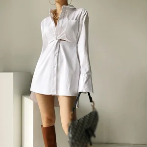 Cut Out Button Up Shirt Womens Lapel Collar Long Sleeve Minimalist Solid Blouses Female 2021 Clothing Korean Fashion New X691