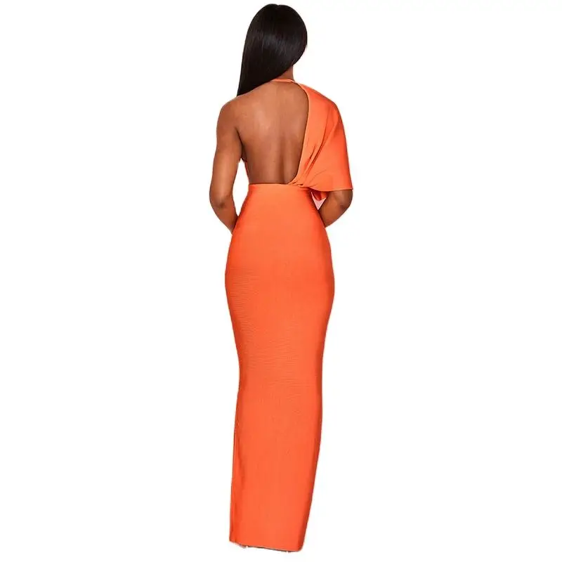 Women\'s Bandage Maxi Sexy One-Shoulder Long Evening Party Runway Elegant backless Deep V Neck Orange Floor-length Dresses