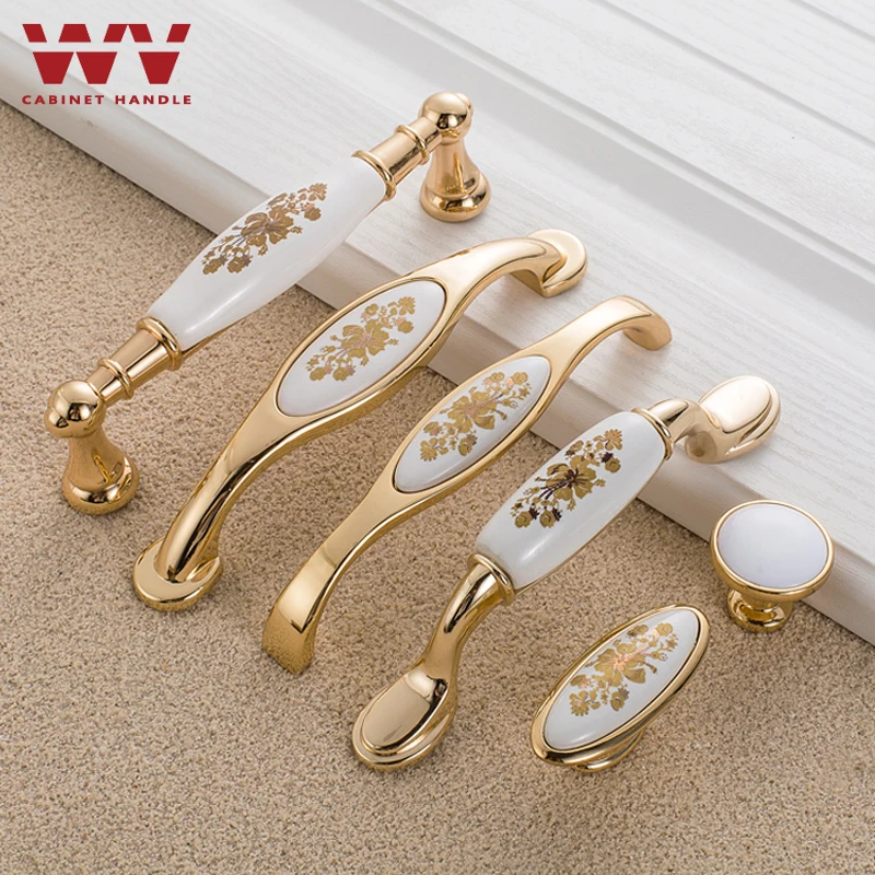 WV kitchen cabinet storage Handle European Gold Flower Ceramic Wardrobe Door Knob Cabinet Classical Antique Pulls Hardwares