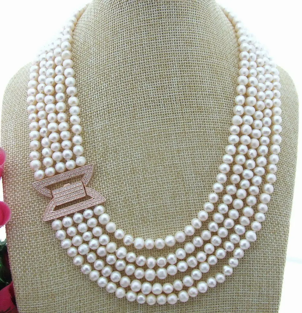 

Hand knotted natural 5 strands white freshwater pearl micro inlay zircon accessories clasp necklace fashion jewelry