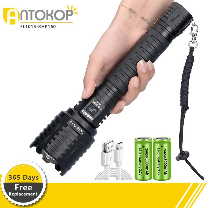 1000000LM XHP160 Long Distance LED Flashlight 10400mAH Powerful Flashlights USB Rechargeable Zoom Torch Self-defense Hand Torch