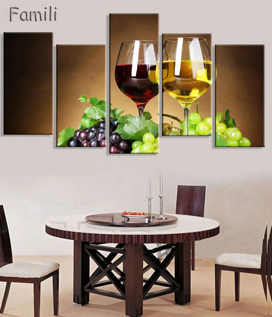 Modular Picture Artwork 5 Pieces Wine Grape Dessert Framed Painting Canvas Wall Art Modern Kitchen Restaurant Decoration