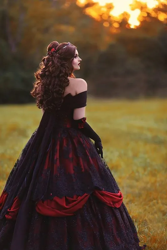 Vestidos de novia rojos y negros vintage 2025, apliques de encaje de talla grande con cordones en la espalda, corsé, Top gótico, vestidos de novia de Bella Durmiente