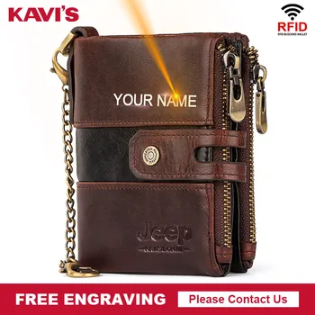 KAVIS Free Engraving Genuine Leather Men Wallet Double Zipper Coin Purse Small Mini Card Holder Portomonee Male Walet Pocket New