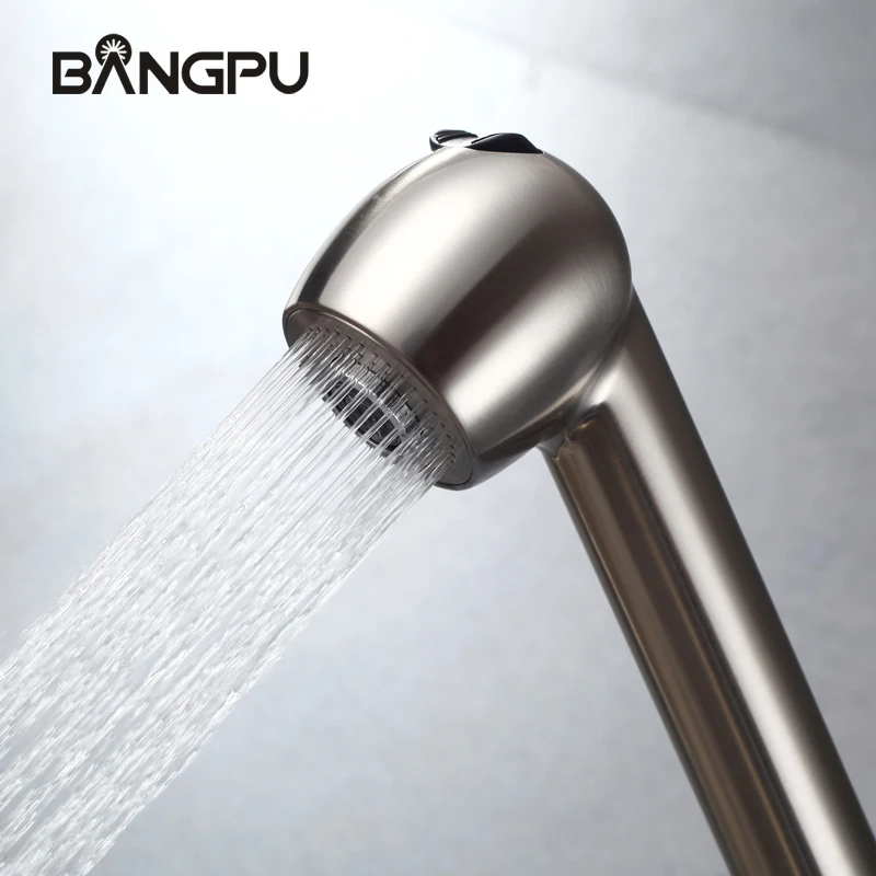 Imagem -05 - Bangpu Cozinha Pull Out Torneira da Pia Único Furo Deck Montado Fluxo Pulverizador Bico de Níquel Escovado