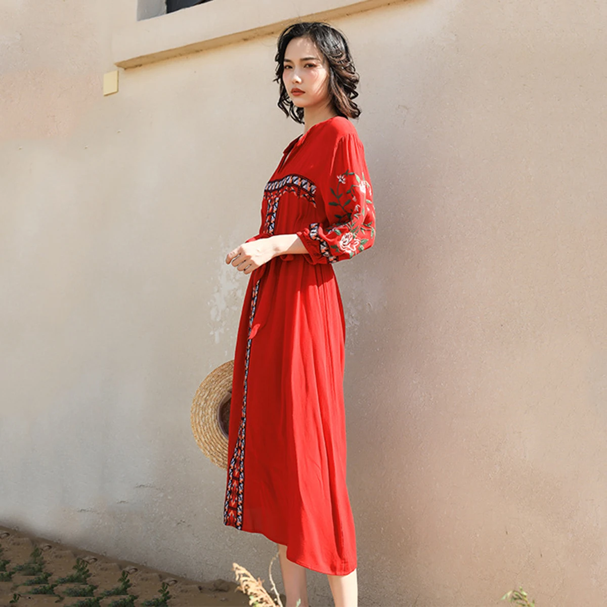 Jastie Seaside Holiday Beach Women Dresses Half Sleeve Lace Up V-Neck Flowers Embroidery Vintage Loose Bohemian Midi Dress