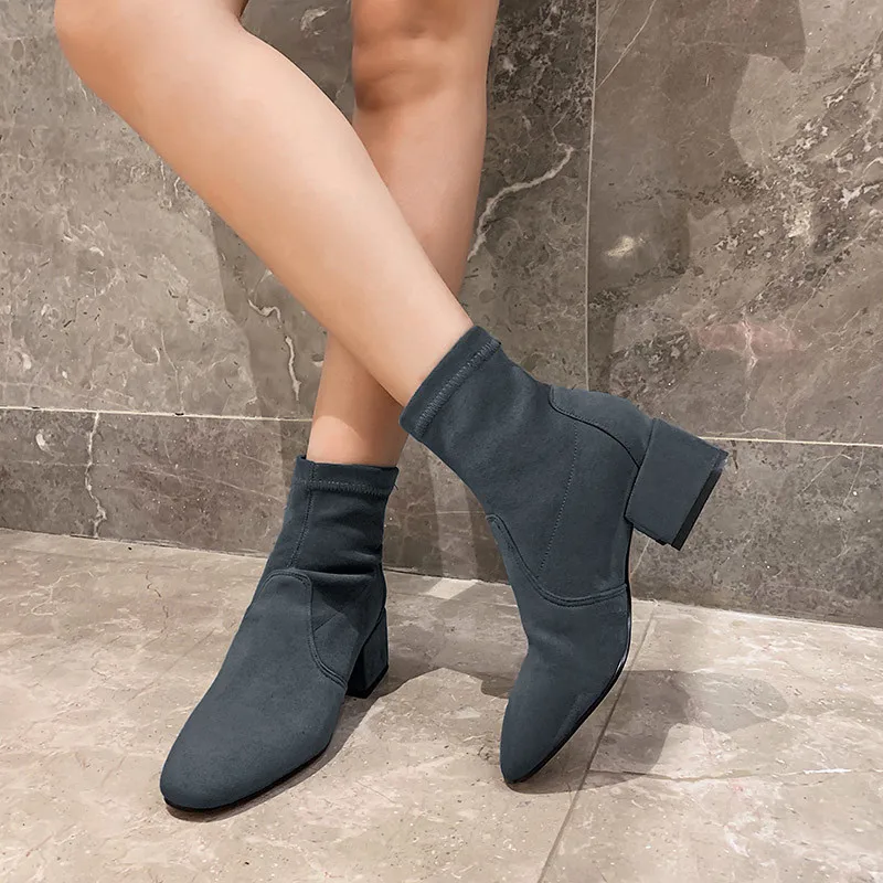 YMECHIC Fashion Block Heels Woman Sock Shoes Gray Black Stretch Suede Womens Sock Boots Ankle Bootie Large Size Winter Footwear