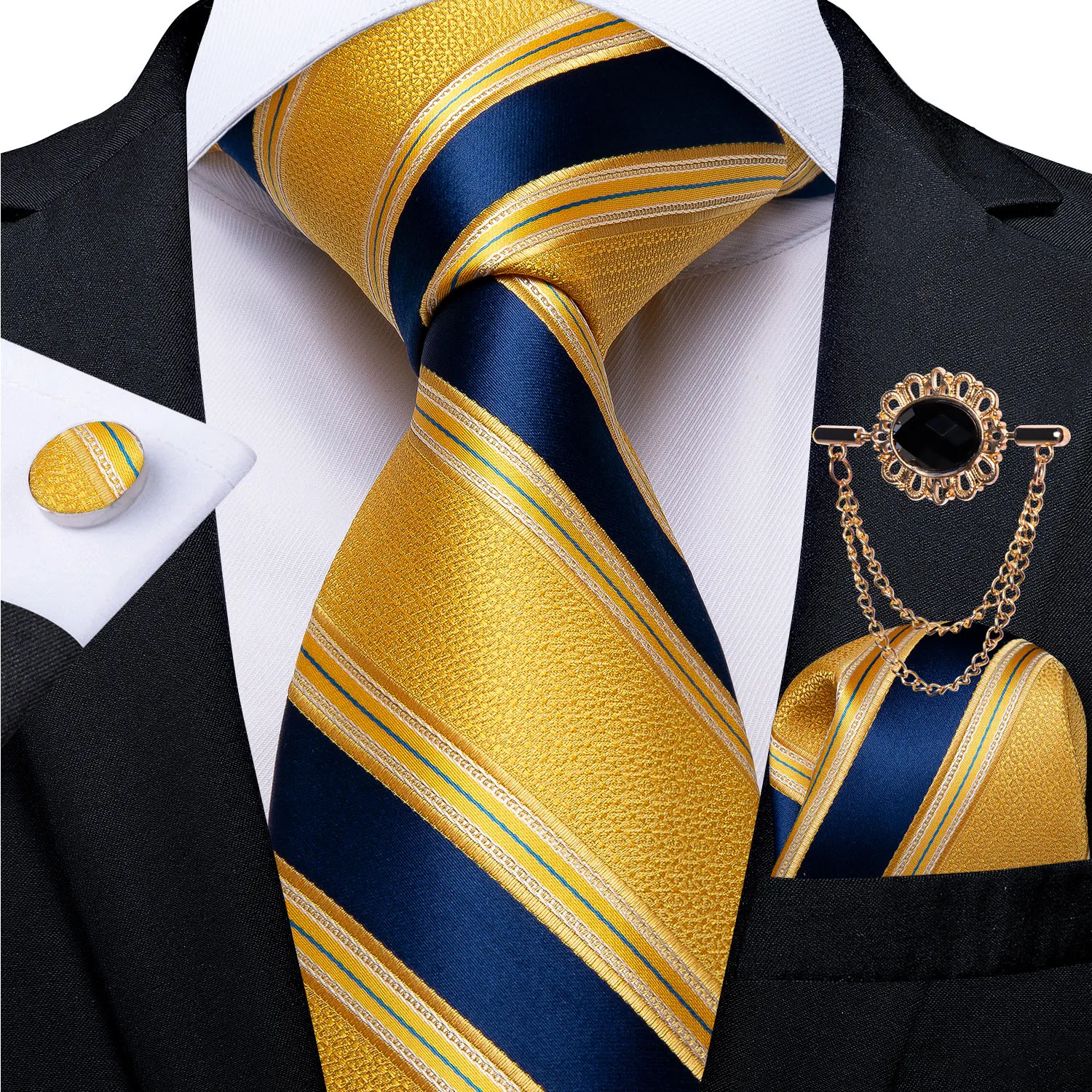 New Design Navy Blue Striped Yellow Men's Tie Set 100% Silk Necktie Handkerchief Business Cravat Accessories Ties Gifts DiBanGu