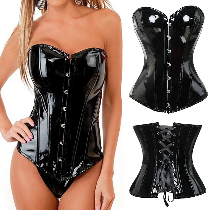 

Faux PU Leather Steampunk Corset Top Overbust Bustier Gothic Lace Up Corselet Waist Trainer Body Shaper Corsets and Bustiers