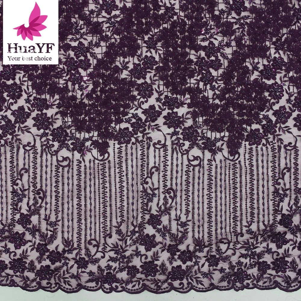 

Dark Purple 3D Flower Net Embroidery Lace Dress Fabrics With Beads And Sequins For Party HY1270