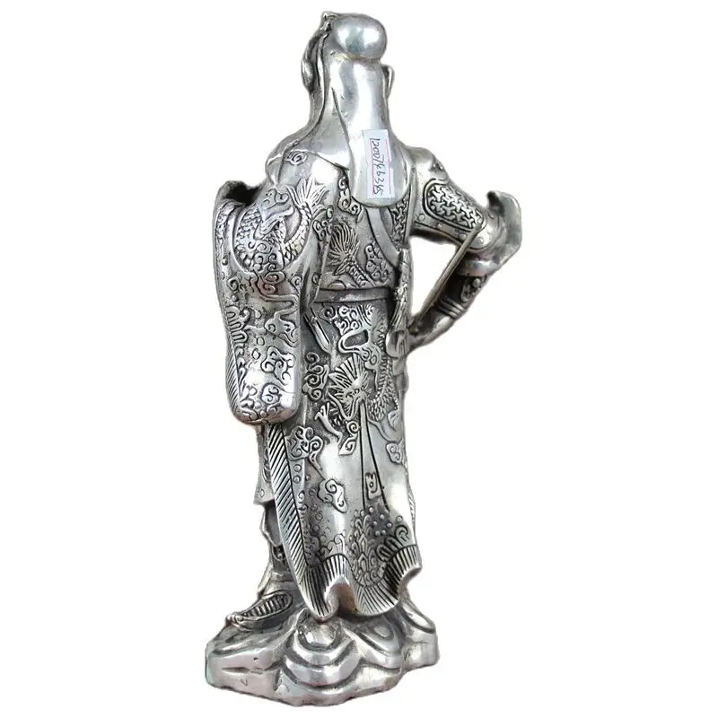 China Old Feng Shui Ornaments White Copper Silver Plating  Guan Gong Statue