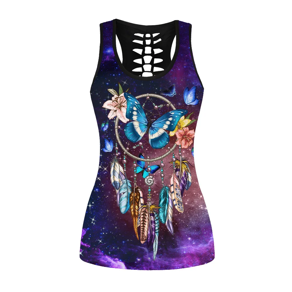 Women Sport Vest Butterfly Print Sleeveless Shirt S-4XL Hollow Out Yoga Tops Gym Fitness Tank Top Oversized Running Undershirt