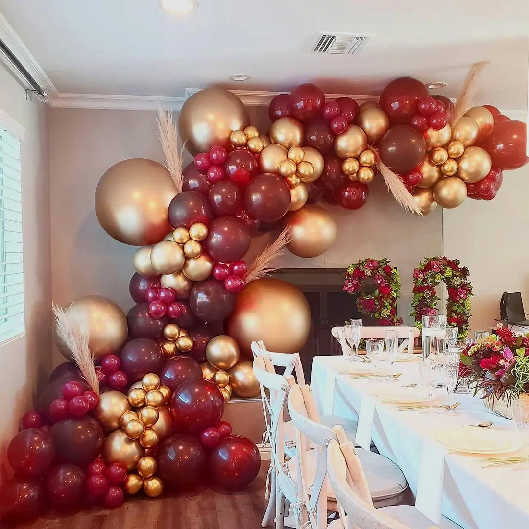 118 Pieces Of 18-inch Gold Metal Wine Red Balloon Garland Arch Set Red Feather Adult Birthday Wedding Decoration Party Supplies