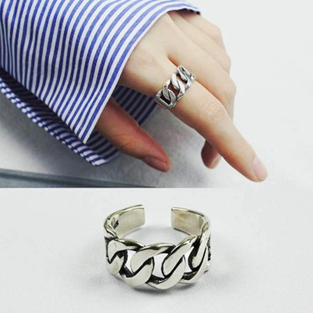 Anillos de cadena de plata de ley 925 Vintage para niña y mujer, anillo de declaración de tamaño ajustable, joyería para fiesta de boda