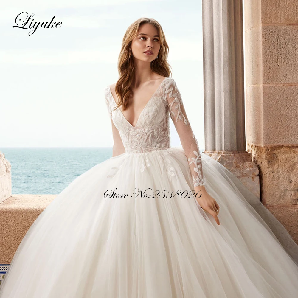 Liyuke Custom Made Sexy Deep V-Neckline Ball Gown Wedding Dress With Delicate Beads Crystals Full Sleeve Of Backless Bride Dress