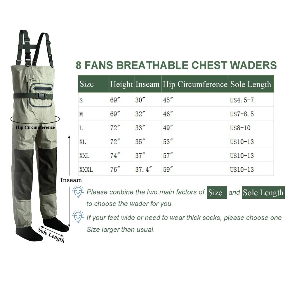 8 Fans Men’s Fishing Chest Waders 3-PlyDurable Breathableand Waterproof with Neoprene StockingFoot Insulated Fishing Chest Wader