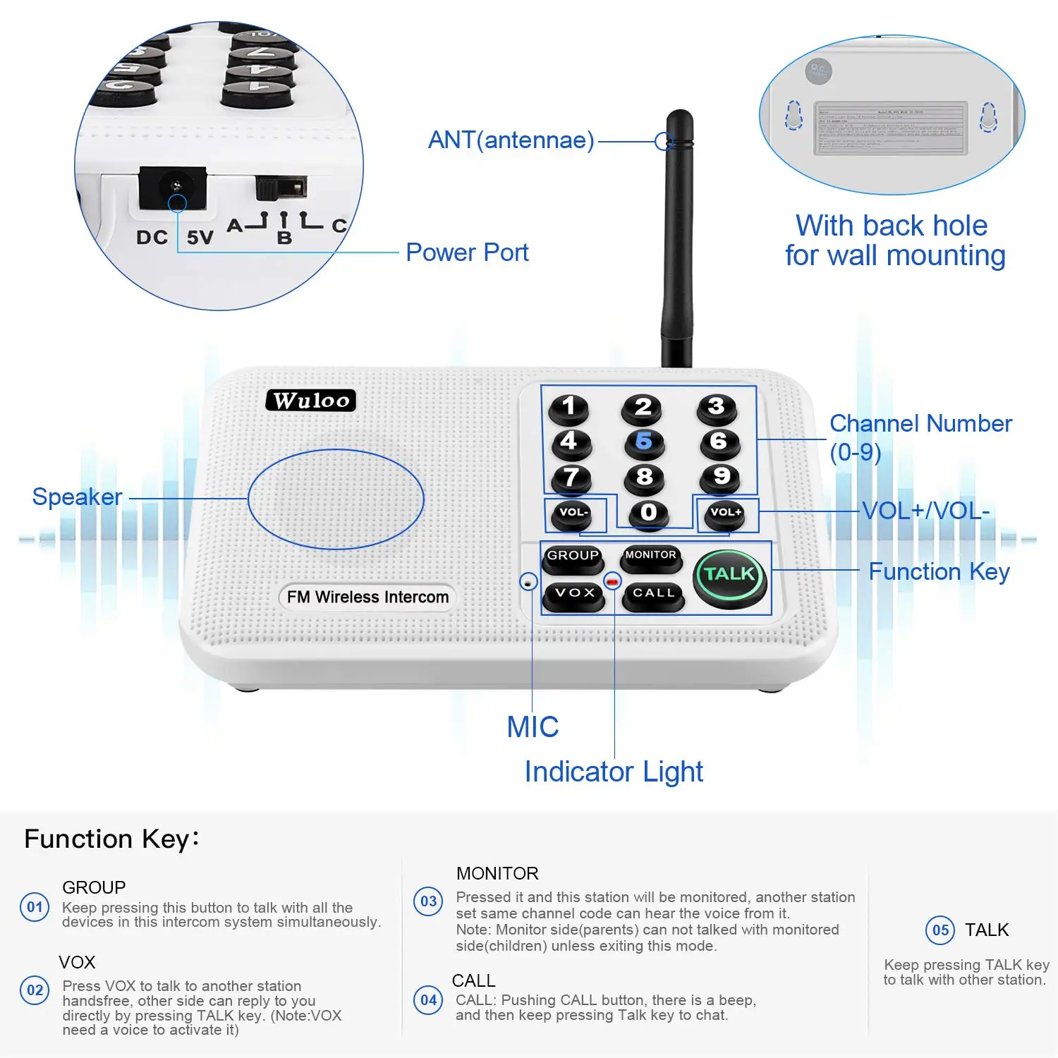 Wuloo-Système d'interphone domestique sans fil FM, portée de 5820 pieds, interphone de communication de pièce à pièce, maison, entreprise, bureau