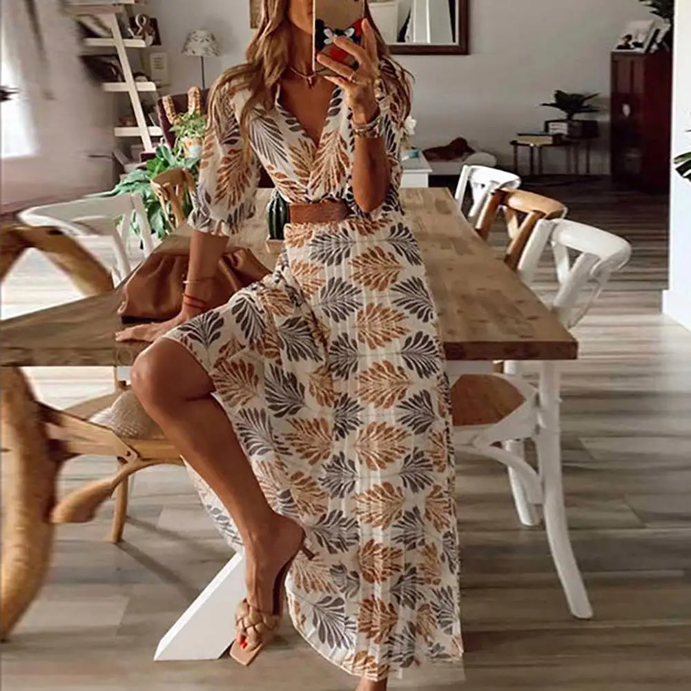 Summer Maxi Dresses for Women 2021 Bohemian Vintage Print Short Sleeve V-neck High Waist Loose Casual Long Dress Set Beach