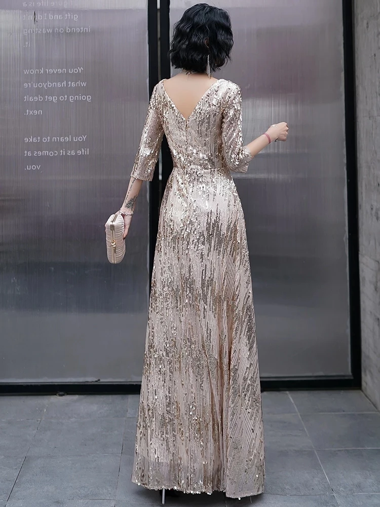 Customized 2024 Gold Champagne Sparkle Evening Dresses Long Sequined A-Line V-Neck 3/4 Sleeves Formal Dresses Robe De Soiree