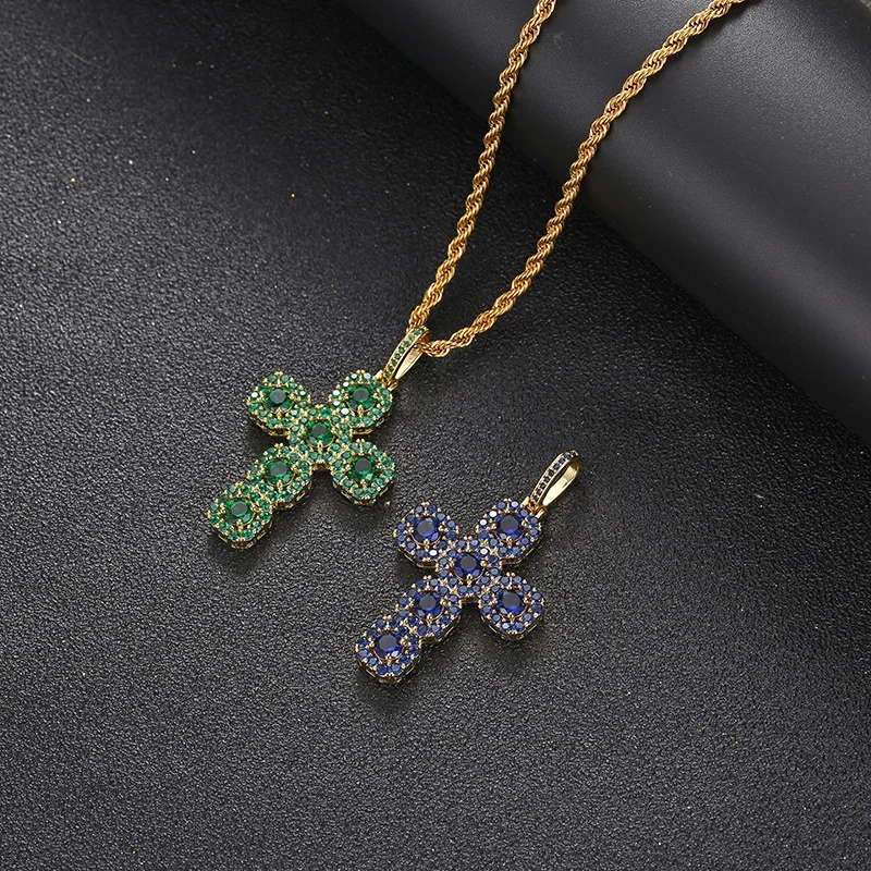 

Hip Hop Prong Set AAA CZ Stone Bling Iced Out Green Blue Cross Pendant Necklace for Men Rapper Jewelry Drop Shipping
