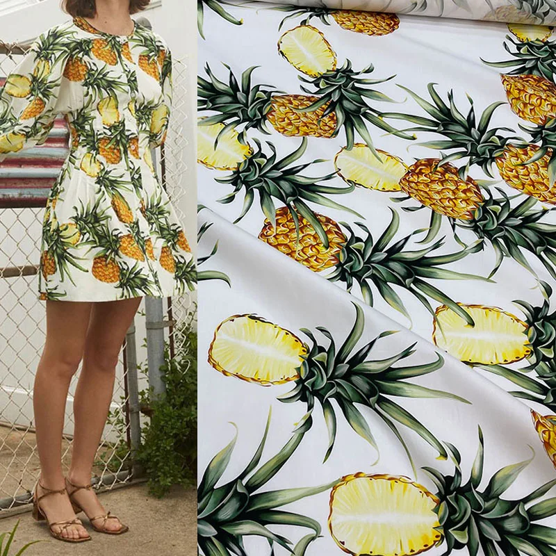 Pineapple Printed Poplin Cotton Fabric For Sew Woman's Summer  Dress Blouse Pants DIY Customized Cloth Sewing Material