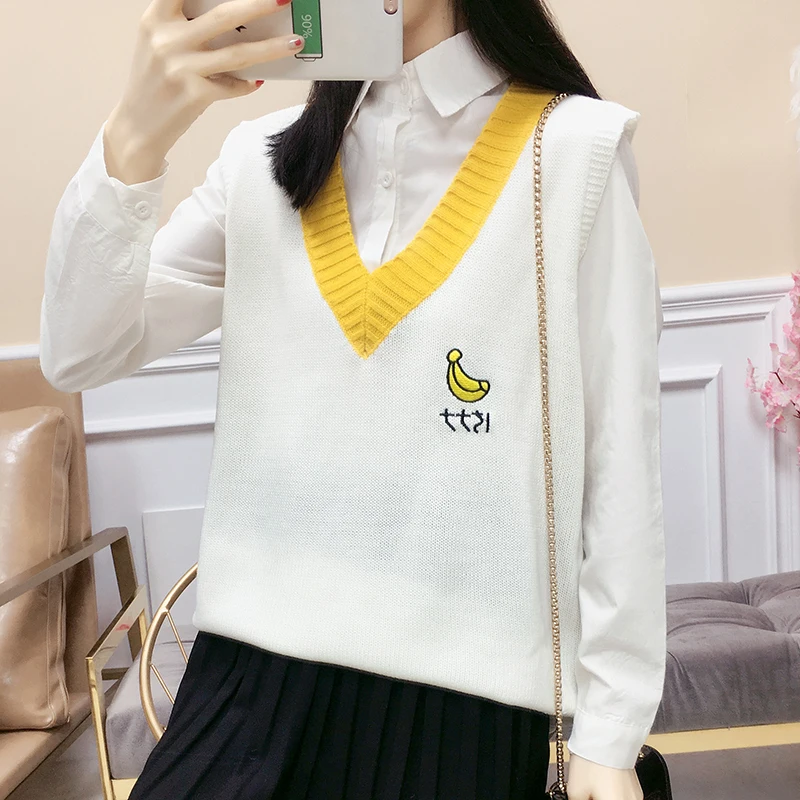 2020 Spring Autumn Girls Loose Korean Sleeveless Knitted Vests Pullovers V Neck Sweaters For Jk School Uniform Student Clothes