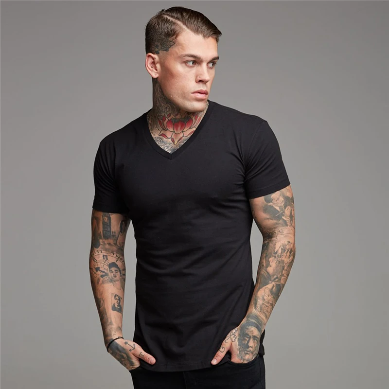 Summer New Fashion Cotton Solid T Shirt Men Causal Basic Stylish V-neck T-shirt Male High Quality Gym Clothing Sports Tops Tees