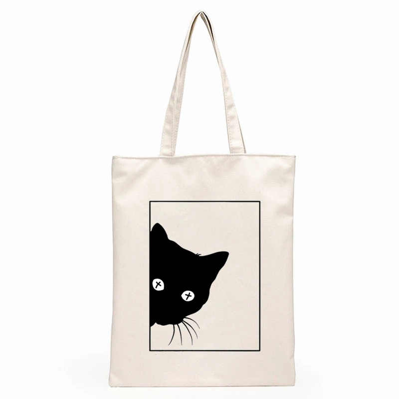 Bolso de lona con estampado de gato negro Harajuku para mujer, bolsa de mano de gran capacidad, bolso de compras para estudiante