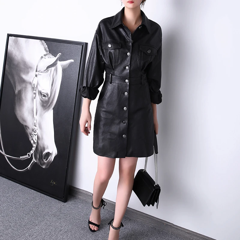 Vestidos De Mujer Casual Women Vintage Genuine Leather Long-Sleeved Dress Femme Chic Single-Breasted Pockets Midi Robe Street