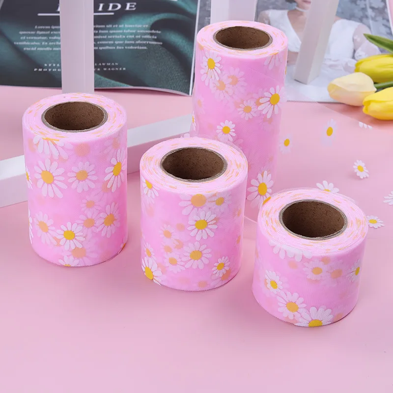 25Yards 6cm Small Daisy Printed Mesh Roll Tulle Ribbon Fabric DIY Craft Wedding Home Birthday Decoration Bow Materia