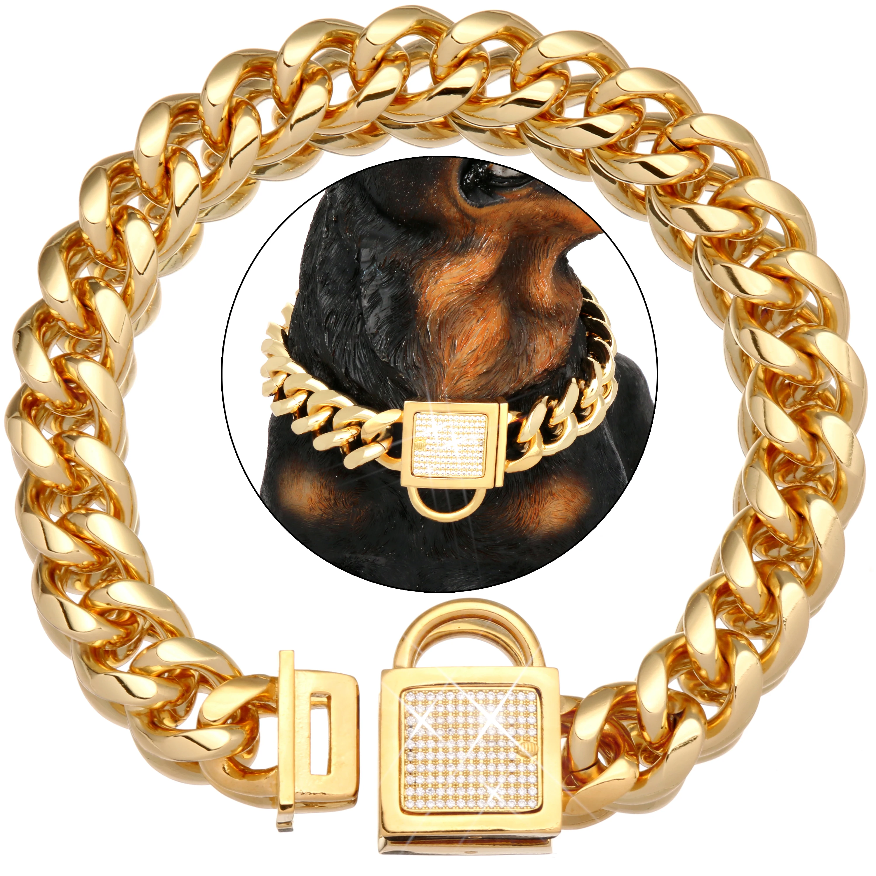 

NIKPET Gold Color Dog Chain Collar with Secure Buckle Cubic Zirconia Stone 18K Metal Stainless Steel Cuban Link Chain 19MM