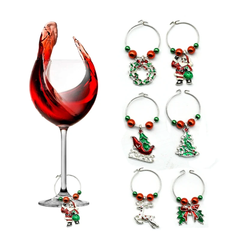 6Pcs Christmas Xmas Cup Decoration Rings Wine Glass Pendants For Home Table Decoration Party New Year Product Party Supplies