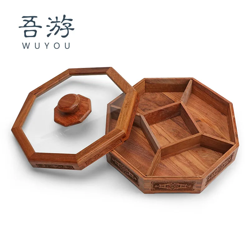 Dried Fruit Box Chinese Wooden Household Wedding Candy Box Living Room Melon Seeds Snack Dish Fruit Plate Compartment With Lid