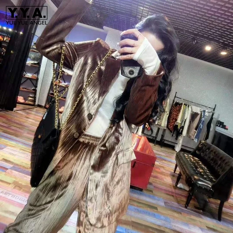 

Ladies Office Autumn Loose Fit Velvet Pants Suits Outfits Women Fashion Long Blazer Jacket Elastic Waist Pants Two Piece Sets