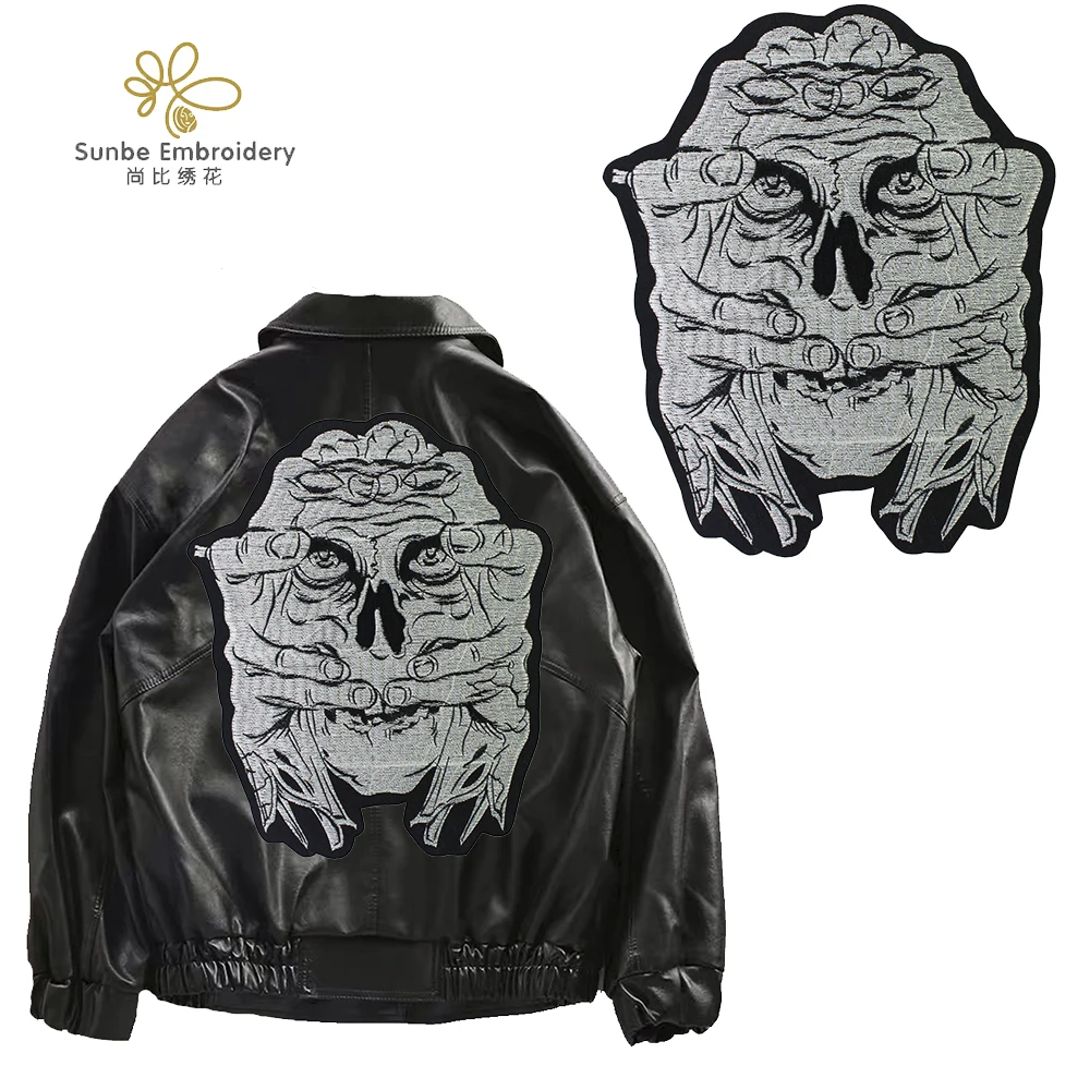 Skull Hands Patches Embroidery Applique Iron on Badge Motocycle Jacket Back