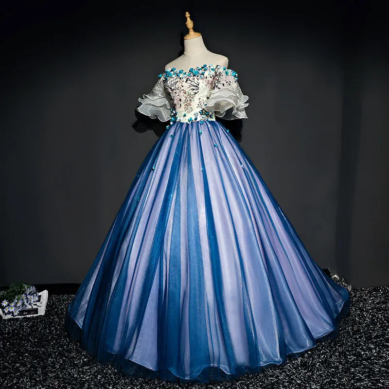 

2020 new evening dress Singer blue stage show dresses one shoulder puff sleeve stage solo costume