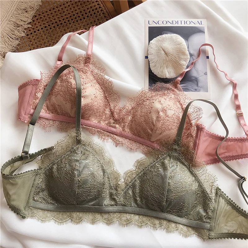 

sexy Eyelash lace Bra Set Rimless bra ring triangle cup gathered sexy bra suit bra seamless underwear lingerie