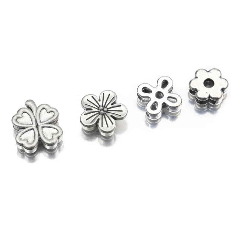 10Pcs Tibetan Silver Lucky Clover Flower Loose Spacer Beads For 10mm Flat Leather Cord Diy Bracelet Jewelry Making Accessories
