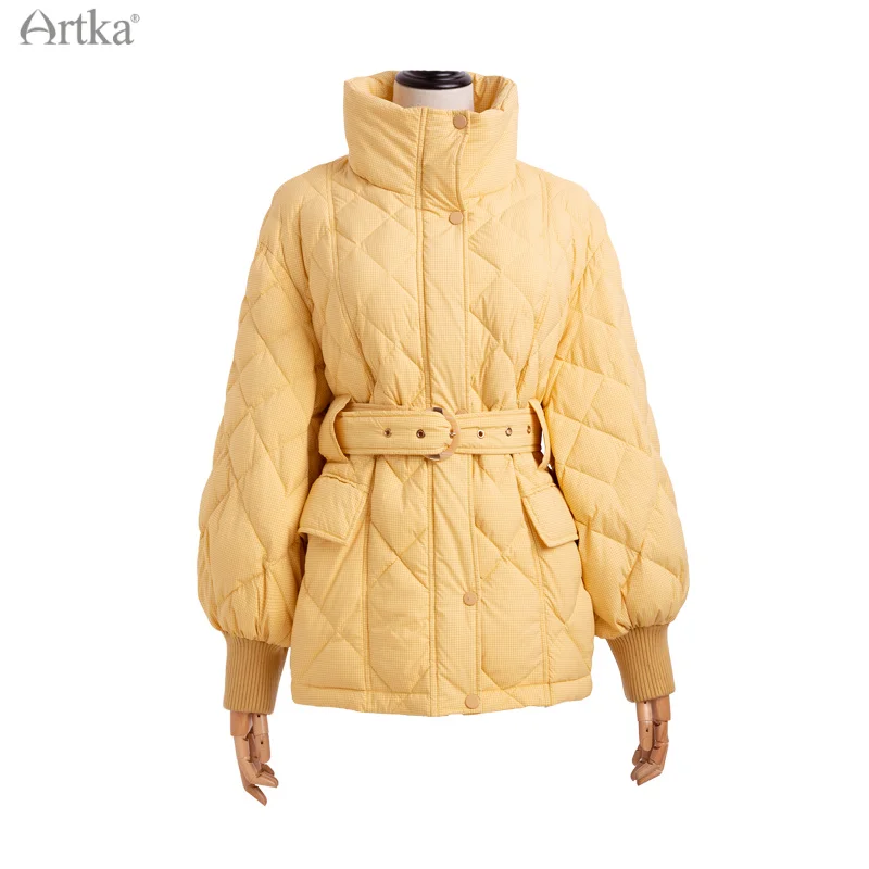 ARTKA 2021 Winter New Women Down Jacket Fashion Houndstooth 90% White Duck Down Coat Loose Warm Down Jacket With Belt ZK20011D