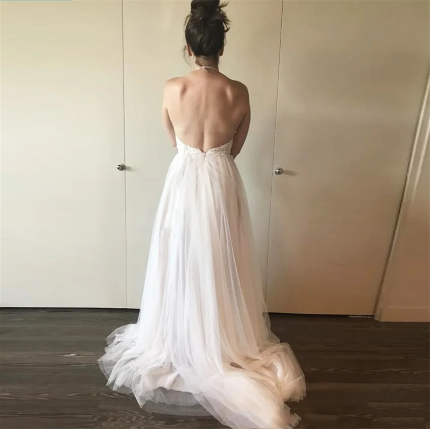 NUOXIFANG Backless Informal Wedding Dress With Delicate Appliques Halter Sexy Bride Dress Florr-length Custom Made