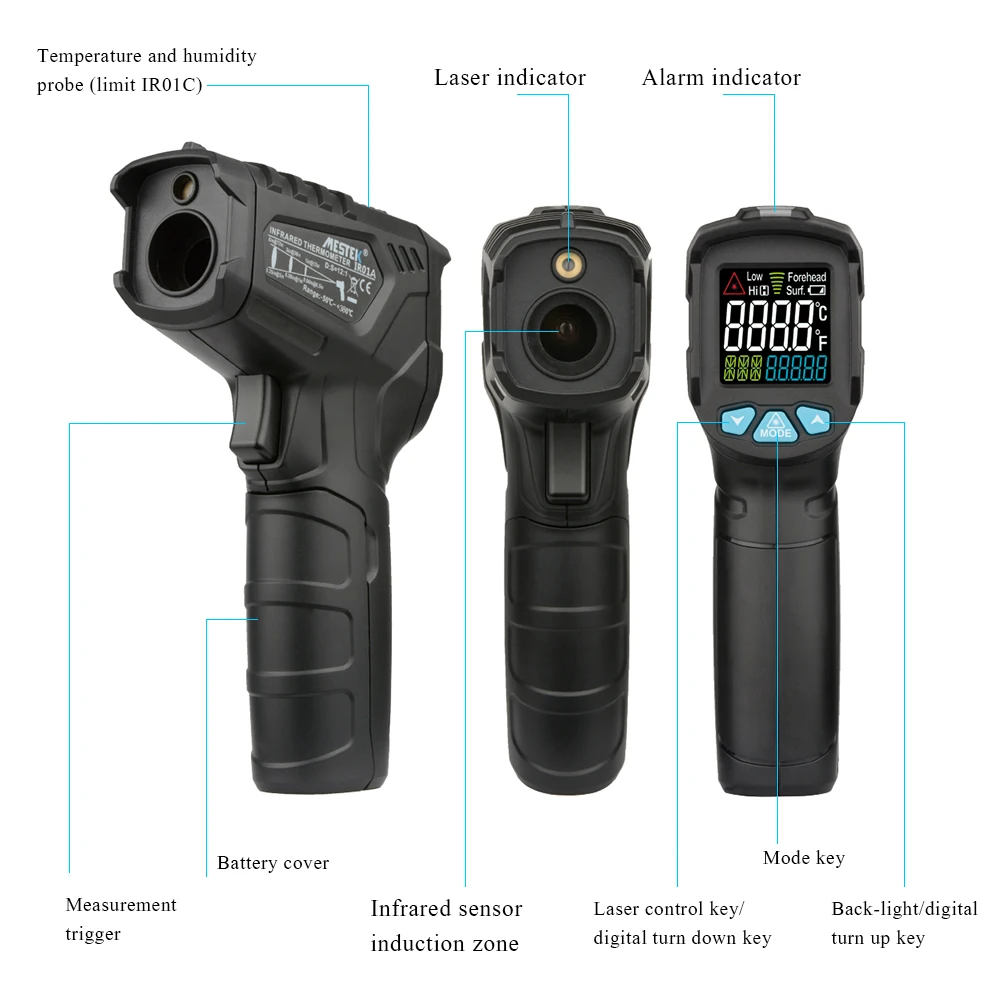 Mestek IR01 Series Digital Infrared Thermometer -50~380/550/800 degree Non-Contact Thermometer Gun thermometer With Color Screen