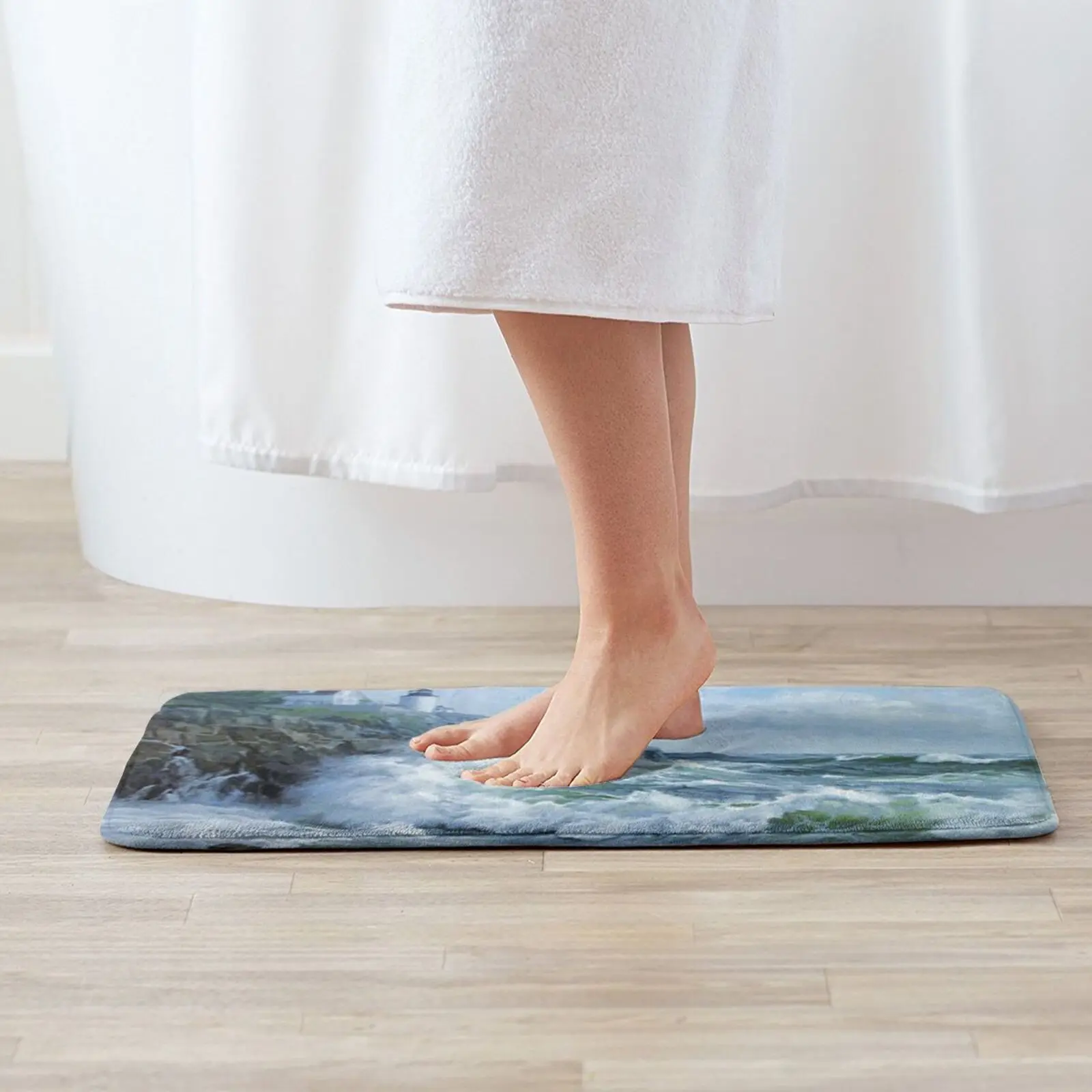 Ocean Waves With Lighthouse , Oil Based Paint Entrance Door Mat Bath Mat Rug Red Pink De Jouy France Paris Cat Mouses Ornaments