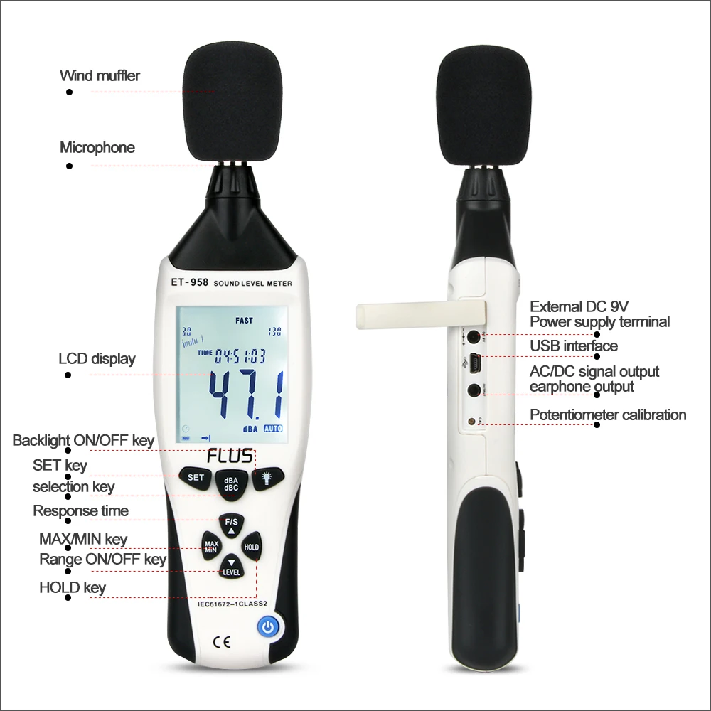 FLUS Sound Level Meter Digital Professional Sound Level Meter Sonometros Noise Audio Level 30-130dB USB Cable Decibels Meter