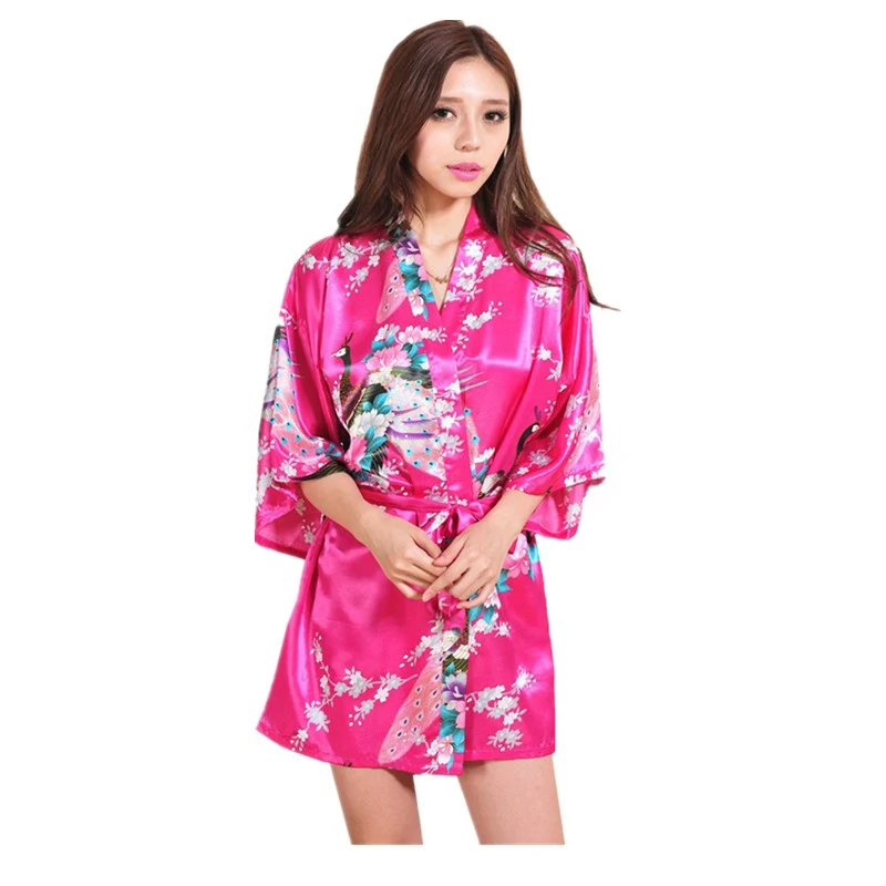 Wholesale Women Kimono Robe Satin Floral Peacock Bathrobe Short  Bridal Sleepwear For Wedding Party Birthday T14