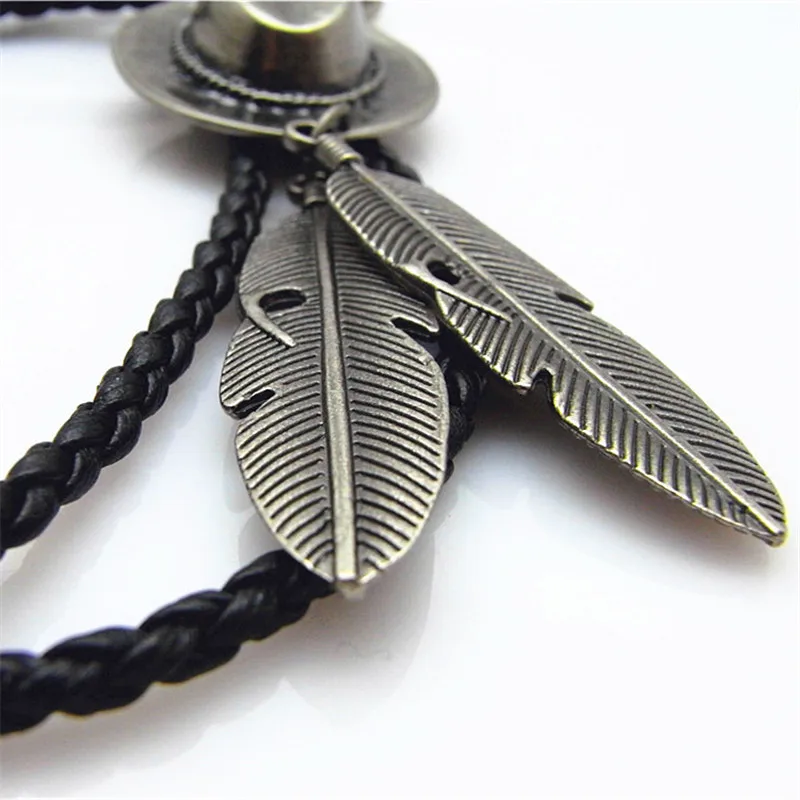 Bolo tie New Retro Shirt Chain Cowboy Hat Double Feathers Poirot Collar Leather Necklace Long tie Pendant