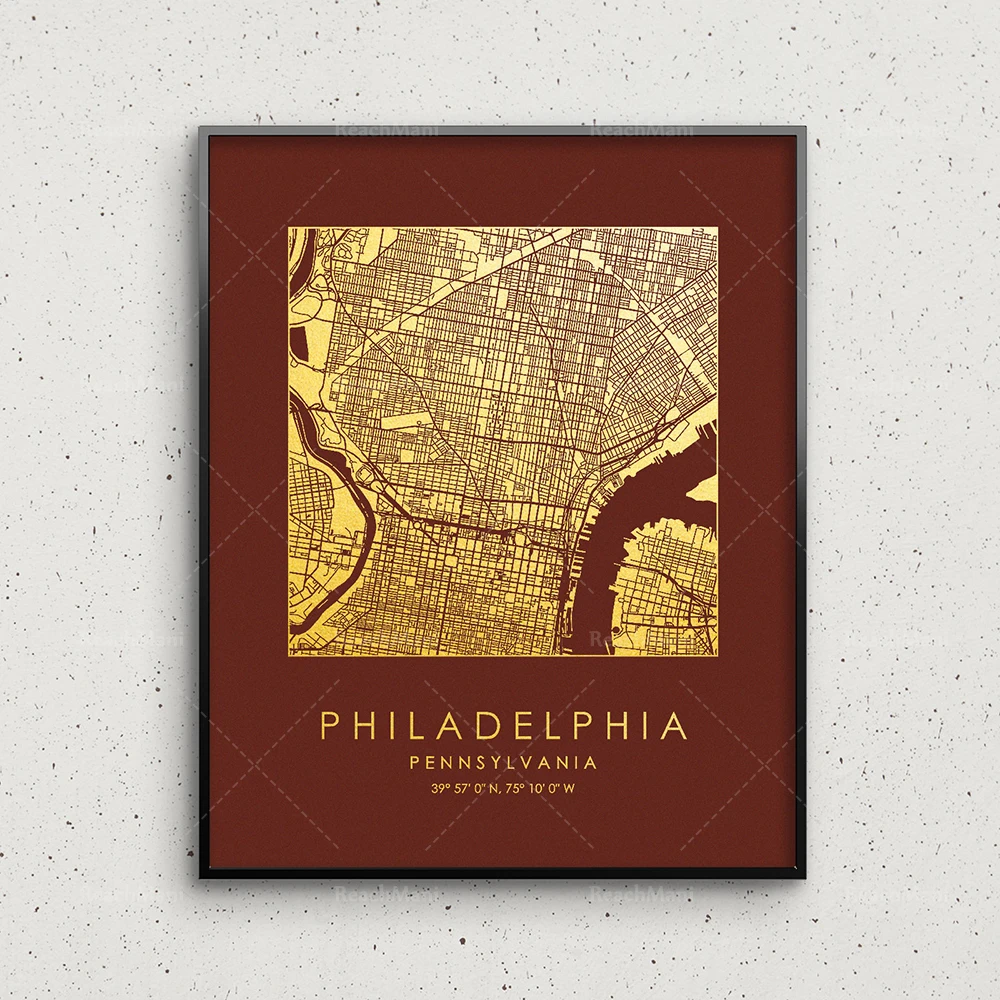 Philadelphia map printing, gold and silver Philadelphia square map, Philadelphia wall decoration, Philadelphia street map poster